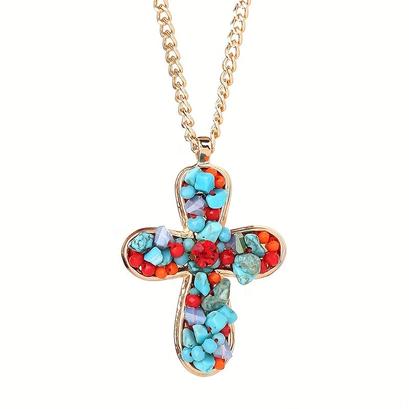 COLLAR BOHEMIO VIBRANT COLORÉ TURQUESA CRUZ COLGANTE