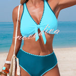 Stylish Color-blocked Trim High-waisted Two-piece Stretch Bikini Swimsuit