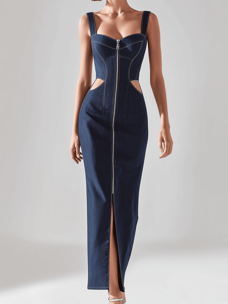 VESTIDO MAXI VAQUERO ENTALLADO CON CREMALLERA FRONTAL - VALERINA MARBELLA