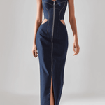 VESTIDO MAXI VAQUERO ENTALLADO CON CREMALLERA FRONTAL - VALERINA MARBELLA