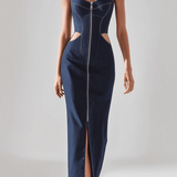 VESTIDO MAXI VAQUERO ENTALLADO CON CREMALLERA FRONTAL - VALERINA MARBELLA