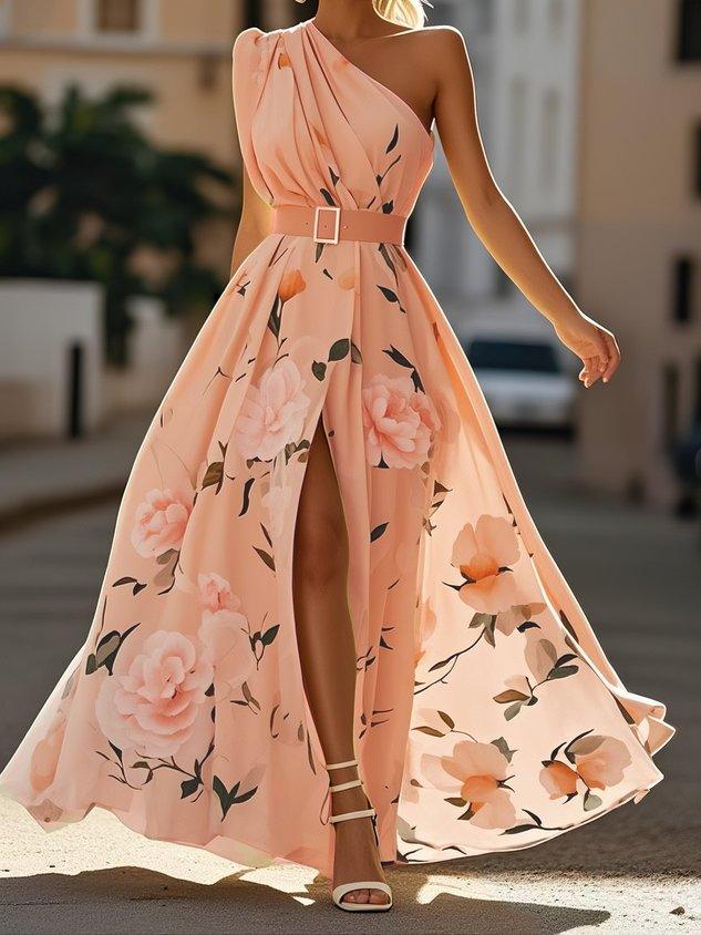 Vestido longo de chiffon verde claro com estampa floral, drapeado e um ombro só.