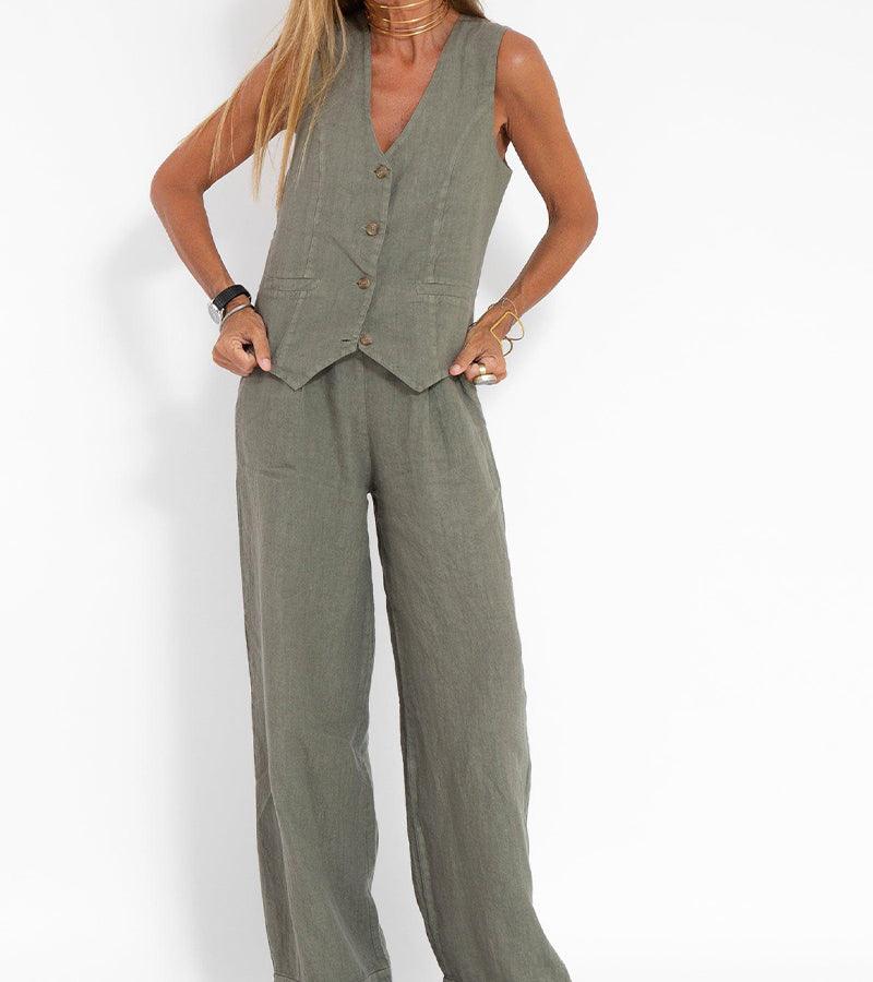 Conjunto casual de algodão com colete e calça