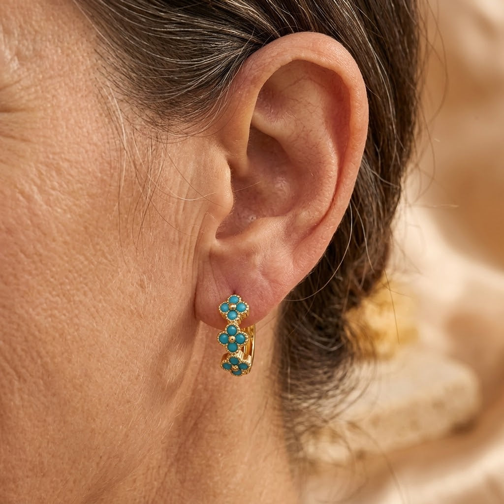 PENDIENTES TURQUESA FLOR ARO