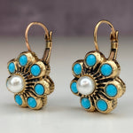 PENDIENTES VINTAGE STYLE TURQUESA Y PERLES FLOR