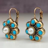 PENDIENTES VINTAGE STYLE TURQUESA Y PERLES FLOR