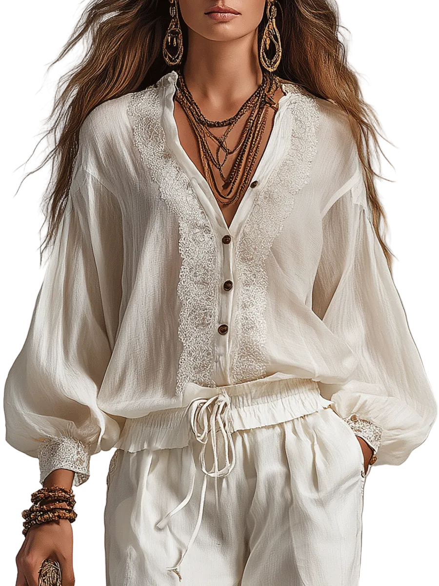 Bohemian Relaxed Ivory Embroidered Blouse