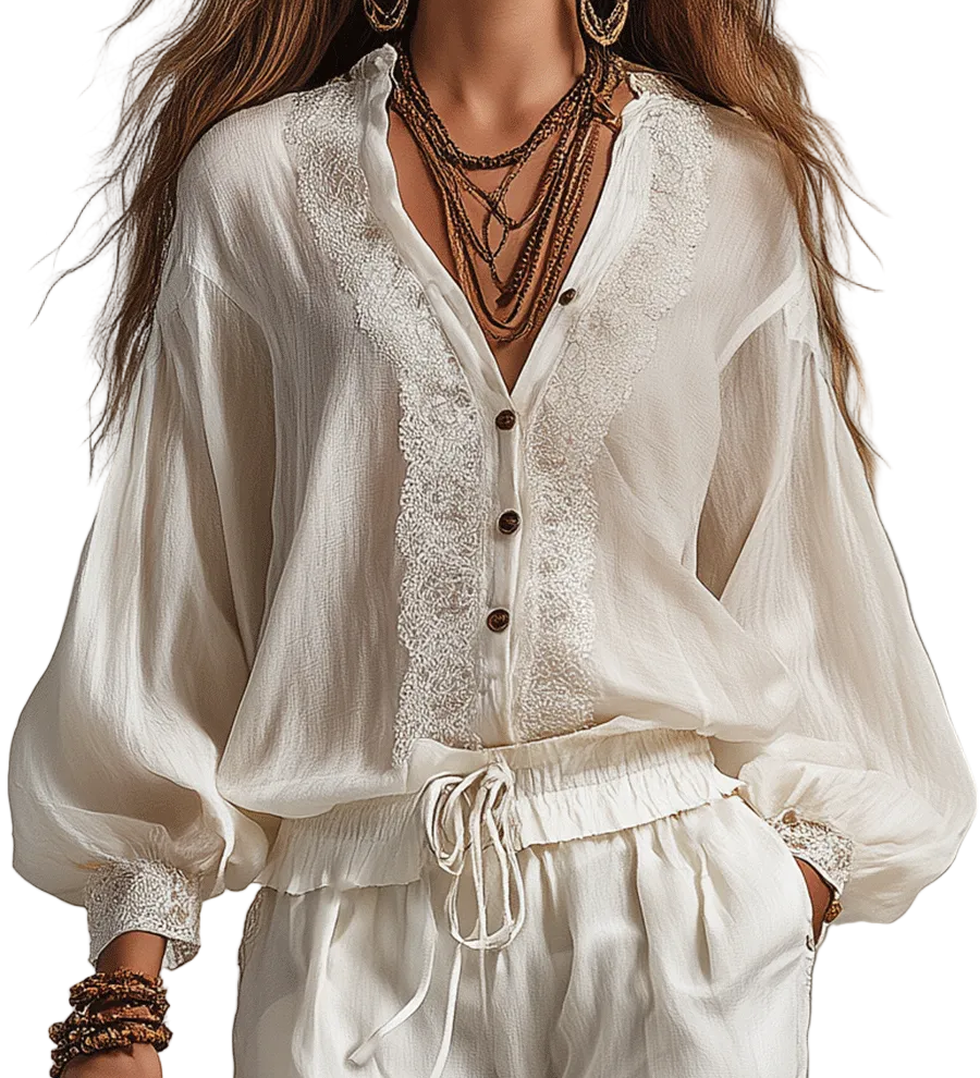 Bohemian Relaxed Ivory Embroidered Blouse