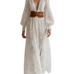 VESTIDO LARGO BLANCO DE ENCAJE CON CINTURÓN COLOR CUERO - VALERINA MARBELLA