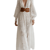 VESTIDO LARGO BLANCO DE ENCAJE CON CINTURÓN COLOR CUERO - VALERINA MARBELLA