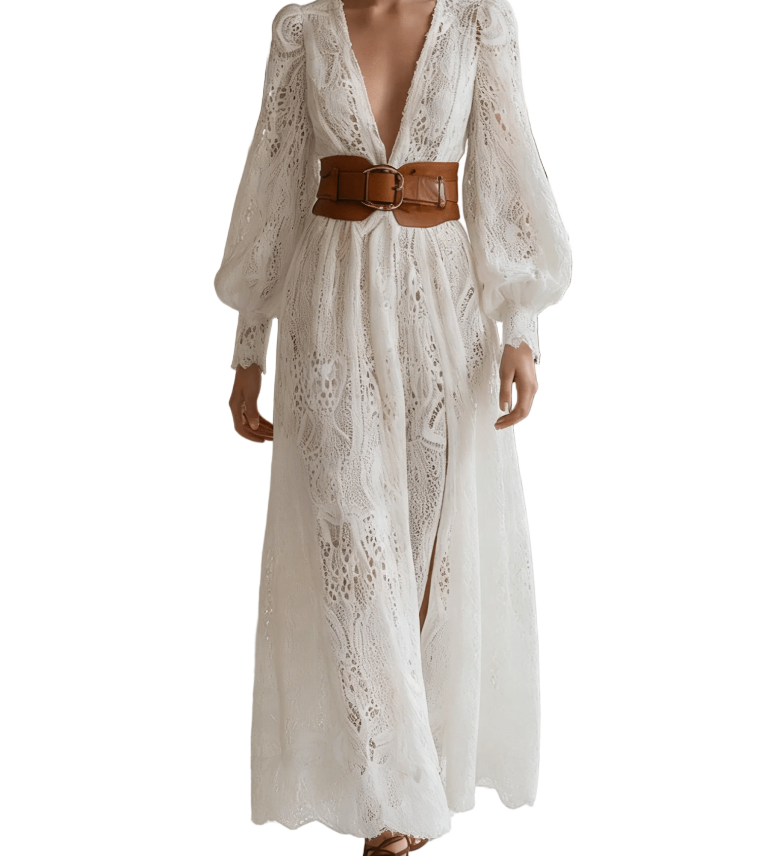 VESTIDO LARGO BLANCO DE ENCAJE CON CINTURÓN COLOR CUERO - VALERINA MARBELLA