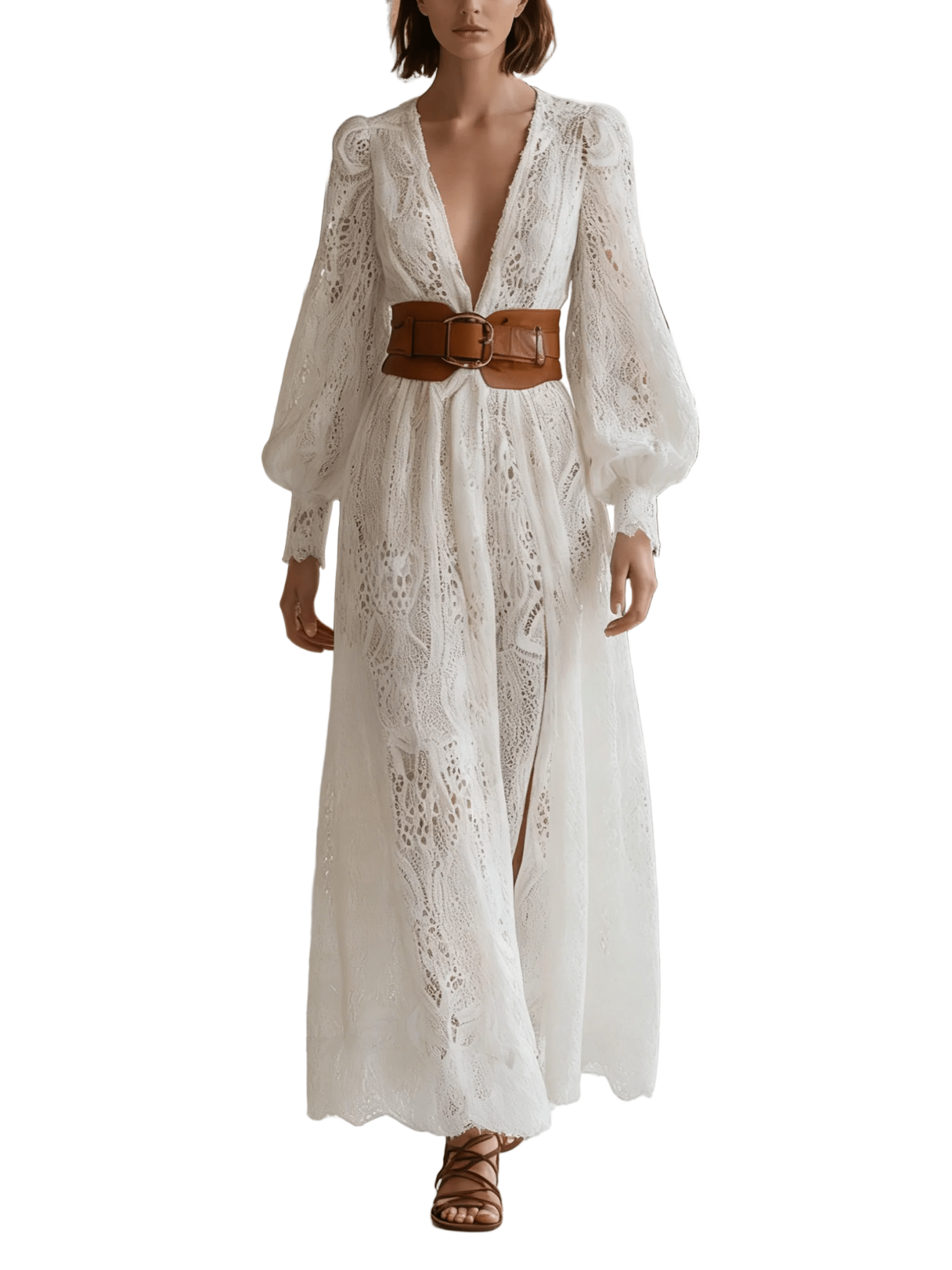 VESTIDO LARGO BLANCO DE ENCAJE CON CINTURÓN COLOR CUERO - VALERINA MARBELLA