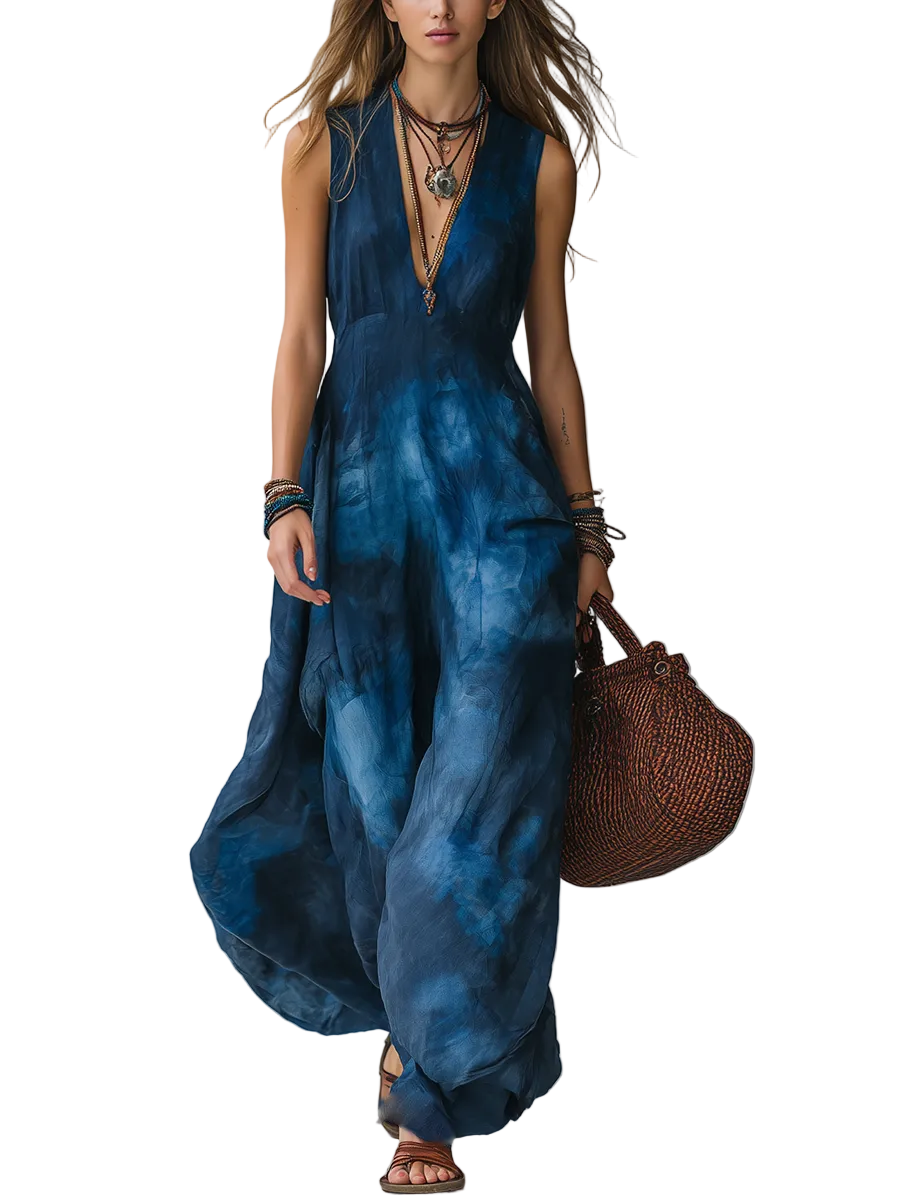 Retro Tie-dye Bohemian Style Long Dress With A Deep V-neck Design.