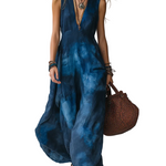 Retro Tie-dye Bohemian Style Long Dress With A Deep V-neck Design.