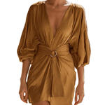 VESTIDO MINI DRAPEADO EN TONO MARRÓN DORADO - VALERINA MARBELLA