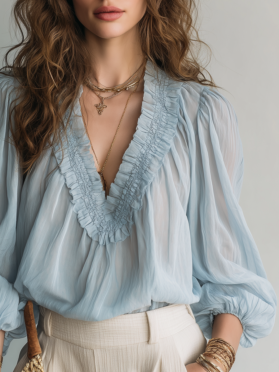 Gentle Style Light Blue V Neck Chiffon Top With Ruffled Details