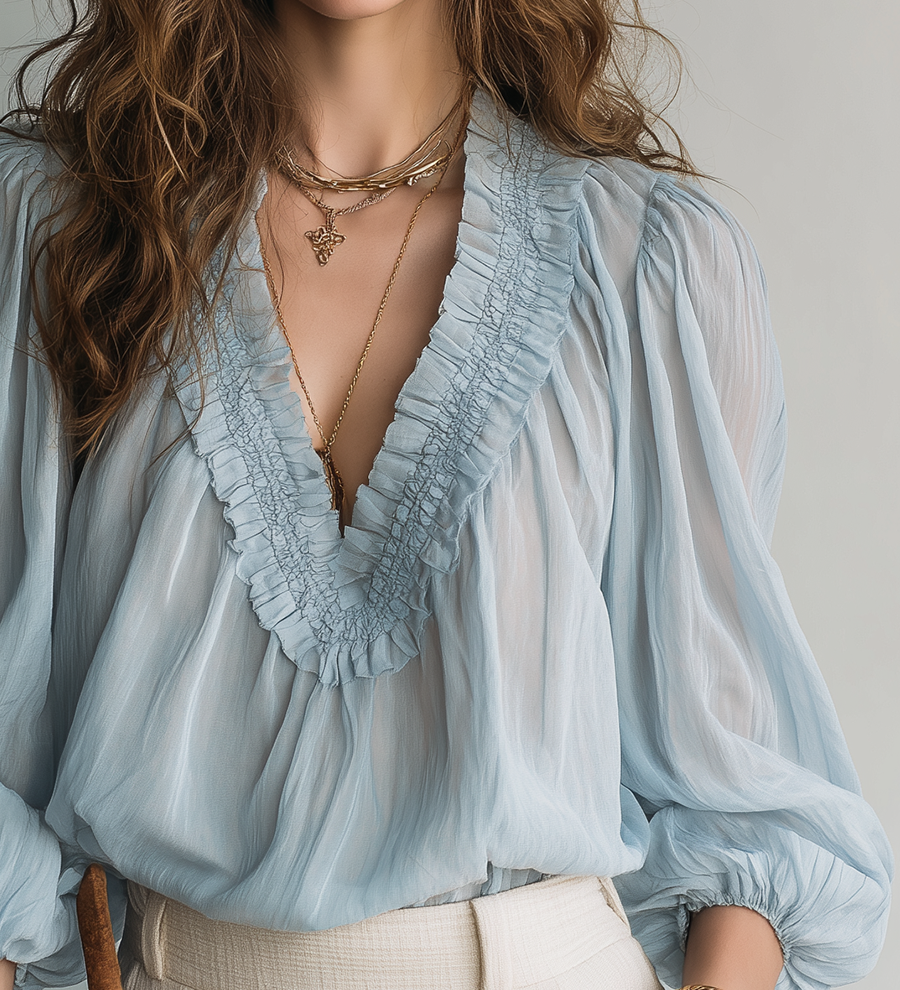 Gentle Style Light Blue V Neck Chiffon Top With Ruffled Details