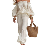 Elegant Cream Draped Blouse & Relaxed Pants Set