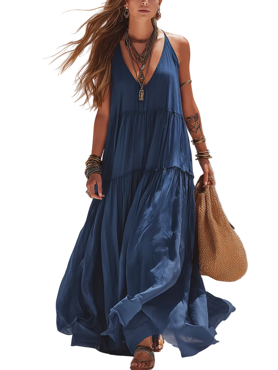 Bohemian-style Midnight Blue Halter Neck Layered Long Dress