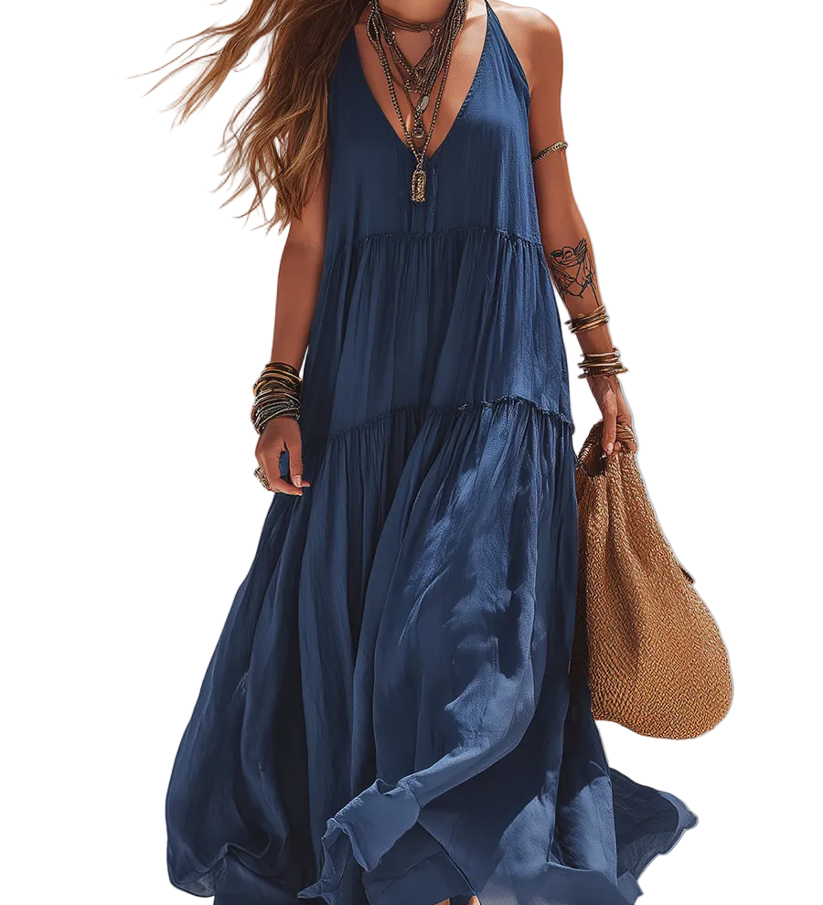 Bohemian-style Midnight Blue Halter Neck Layered Long Dress
