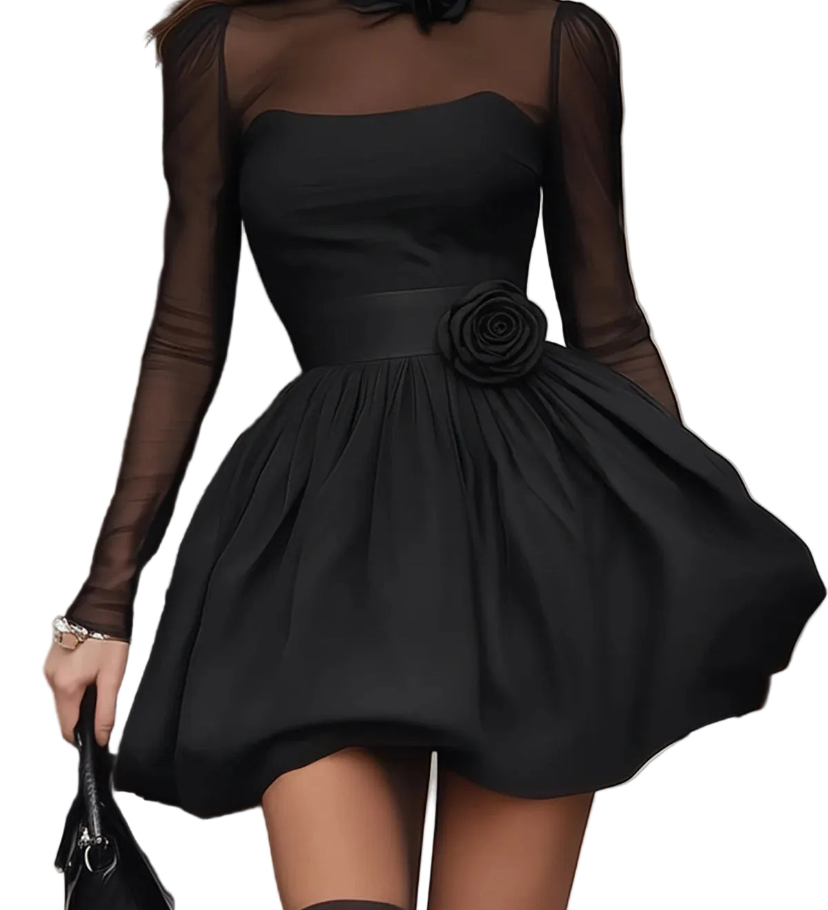 Vestido curto preto com saia bufante e detalhes em tule