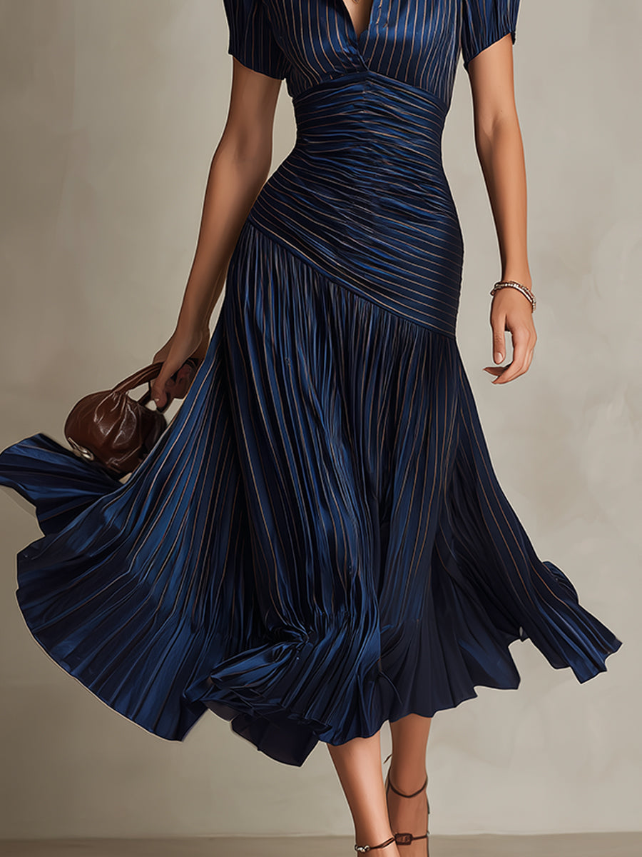 Retro Striped Satin Pleated Bodycon Midi Dress