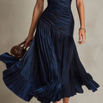 Retro Striped Satin Pleated Bodycon Midi Dress