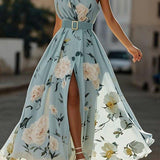Vestido longo de chiffon verde claro com estampa floral, drapeado e um ombro só.