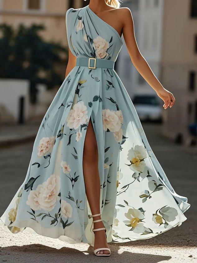 Vestido longo de chiffon verde claro com estampa floral, drapeado e um ombro só.
