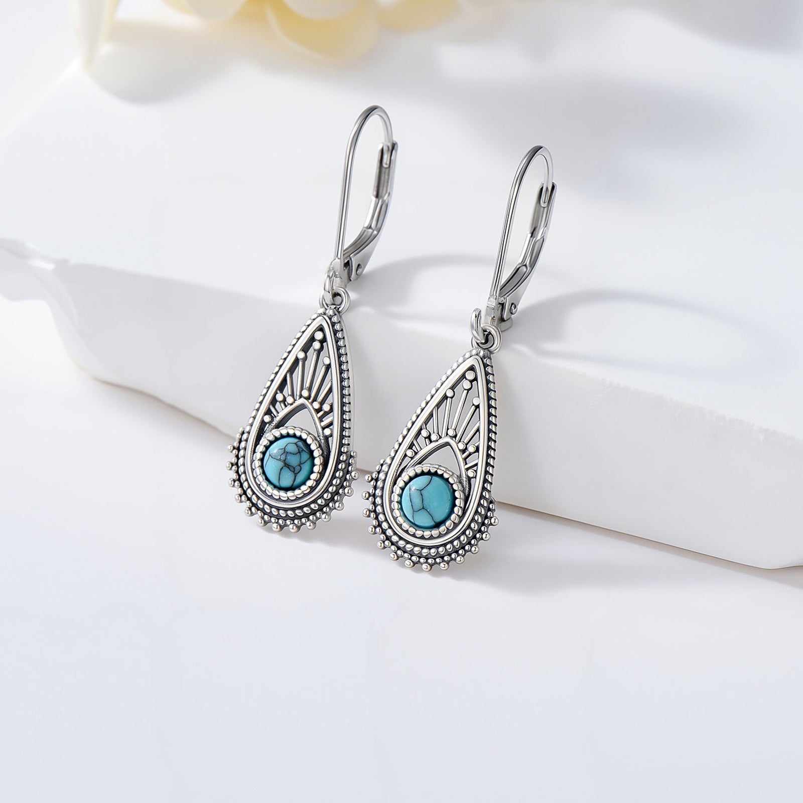 PENDIENTES BOHEMIO PLATA PLAQUÉ FILIGRANE GOTA TURQUESA COLGANTE