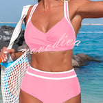 Stylish Color-blocked Striped High-waisted Two-piece Stretch Bikini Swimsuit