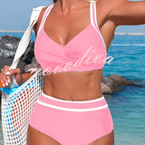 Stylish Color-blocked Striped High-waisted Two-piece Stretch Bikini Swimsuit