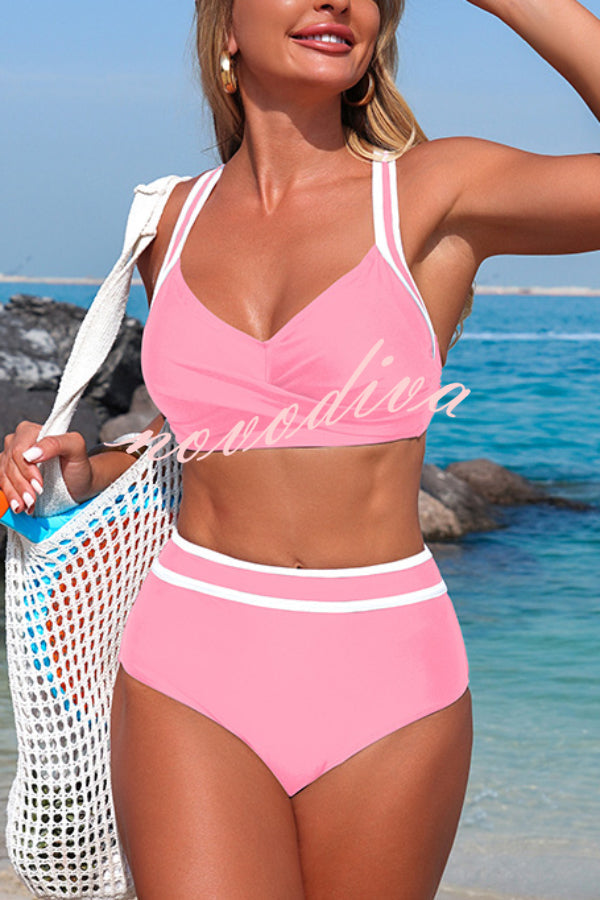 Stylish Color-blocked Striped High-waisted Two-piece Stretch Bikini Swimsuit