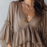 Lazy Style Brown Vneck Double Layered Ruffle Top