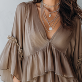 Lazy Style Brown Vneck Double Layered Ruffle Top