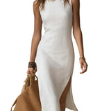 Stand-collar Split-hem Cotton And Linen Midi Dress