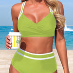 Stylish Color-blocked Striped High-waisted Two-piece Stretch Bikini Swimsuit