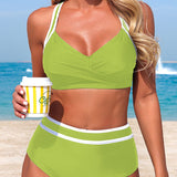 Stylish Color-blocked Striped High-waisted Two-piece Stretch Bikini Swimsuit