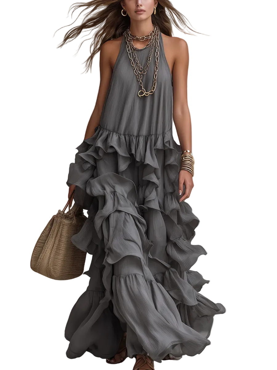 Elegant Grey Romantic Layered Ruffle Long Dress
