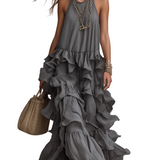 Elegant Grey Romantic Layered Ruffle Long Dress
