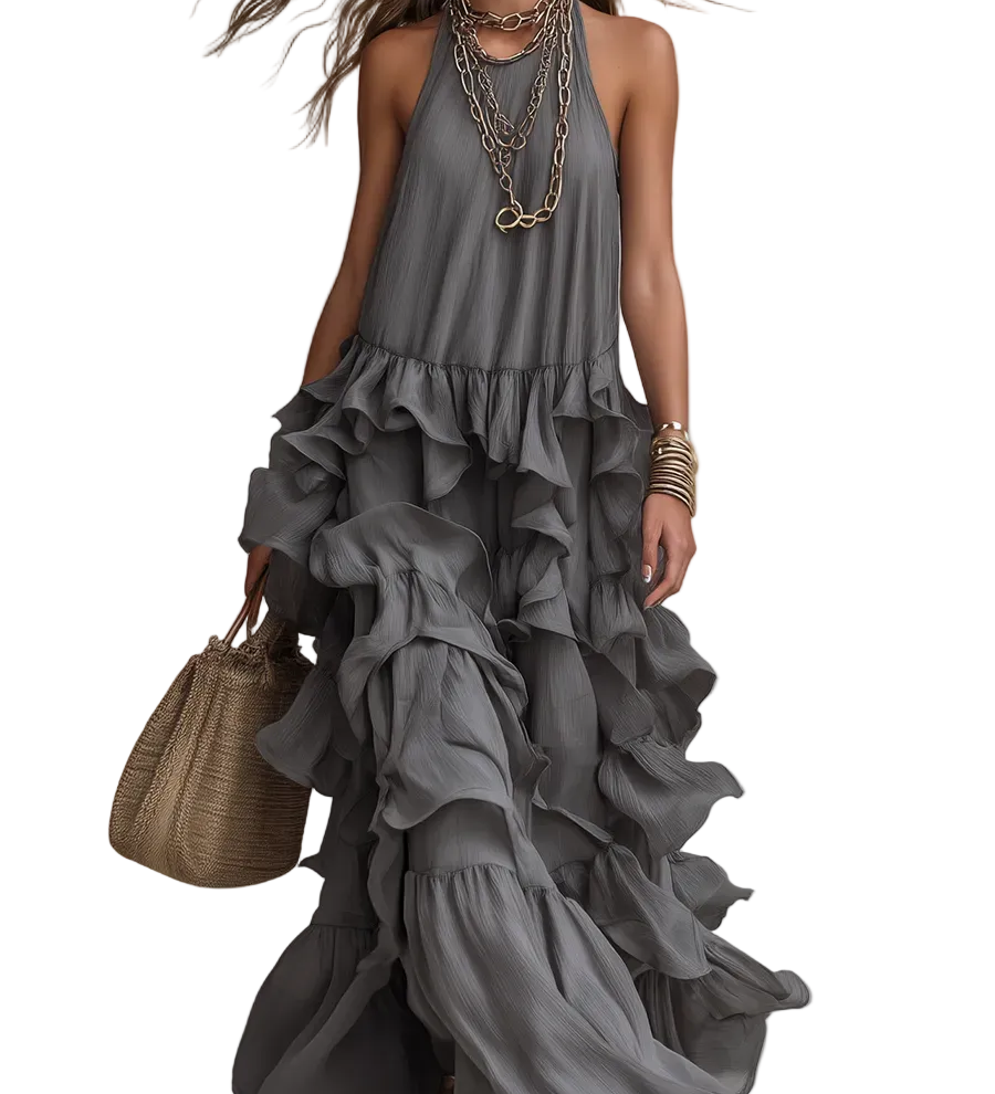 Elegant Grey Romantic Layered Ruffle Long Dress