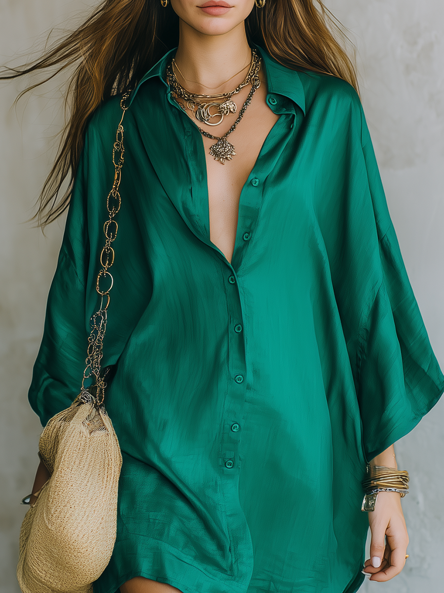 Dark Green Shirt-style Mini Dress