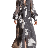 VESTIDO LARGO DE GASA FLORAL EN GRIS Y BLANCO - VALERINA MARBELLA