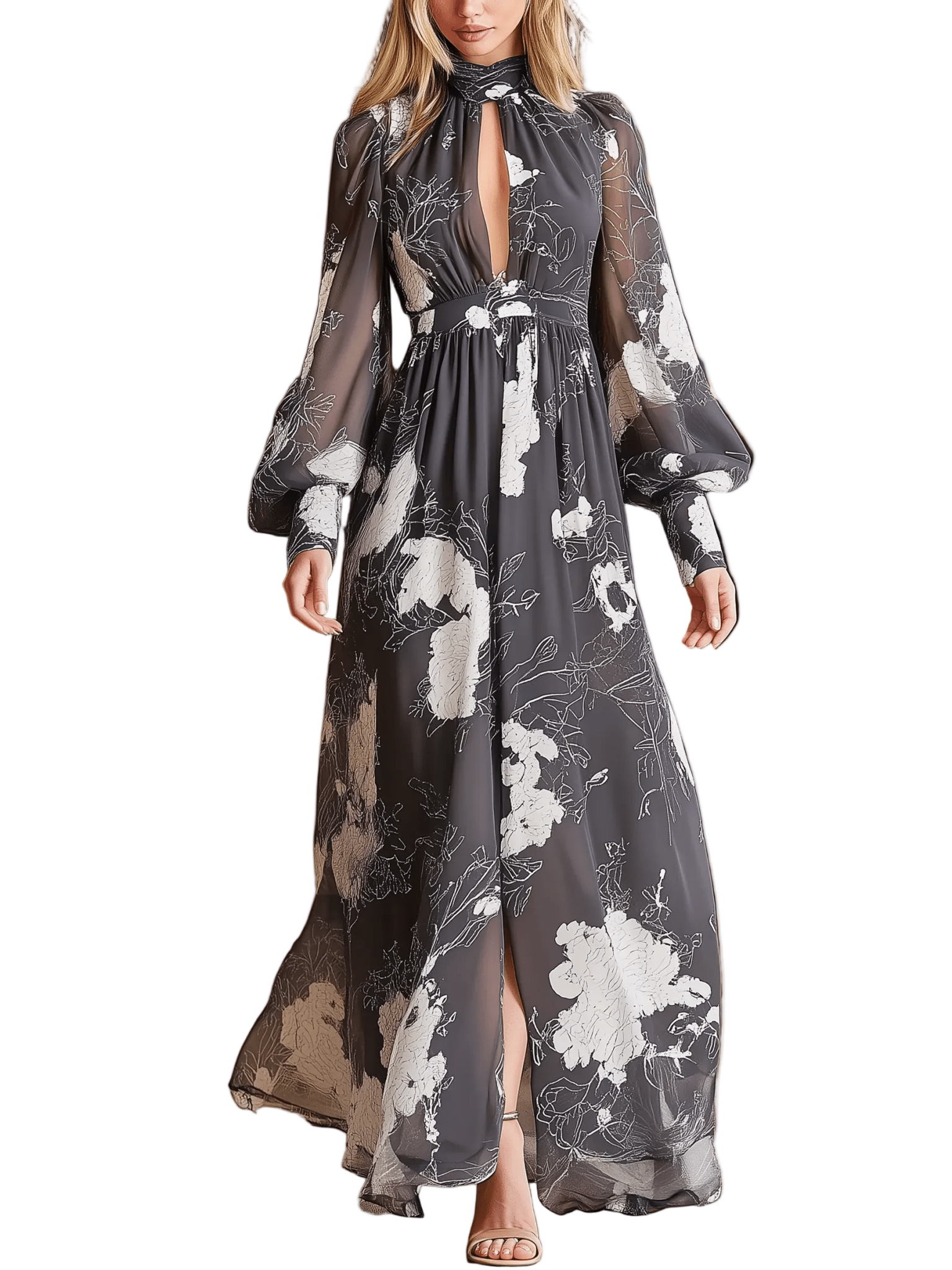 VESTIDO LARGO DE GASA FLORAL EN GRIS Y BLANCO - VALERINA MARBELLA