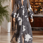 VESTIDO LARGO DE GASA FLORAL EN GRIS Y BLANCO - VALERINA MARBELLA
