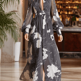 VESTIDO LARGO DE GASA FLORAL EN GRIS Y BLANCO - VALERINA MARBELLA