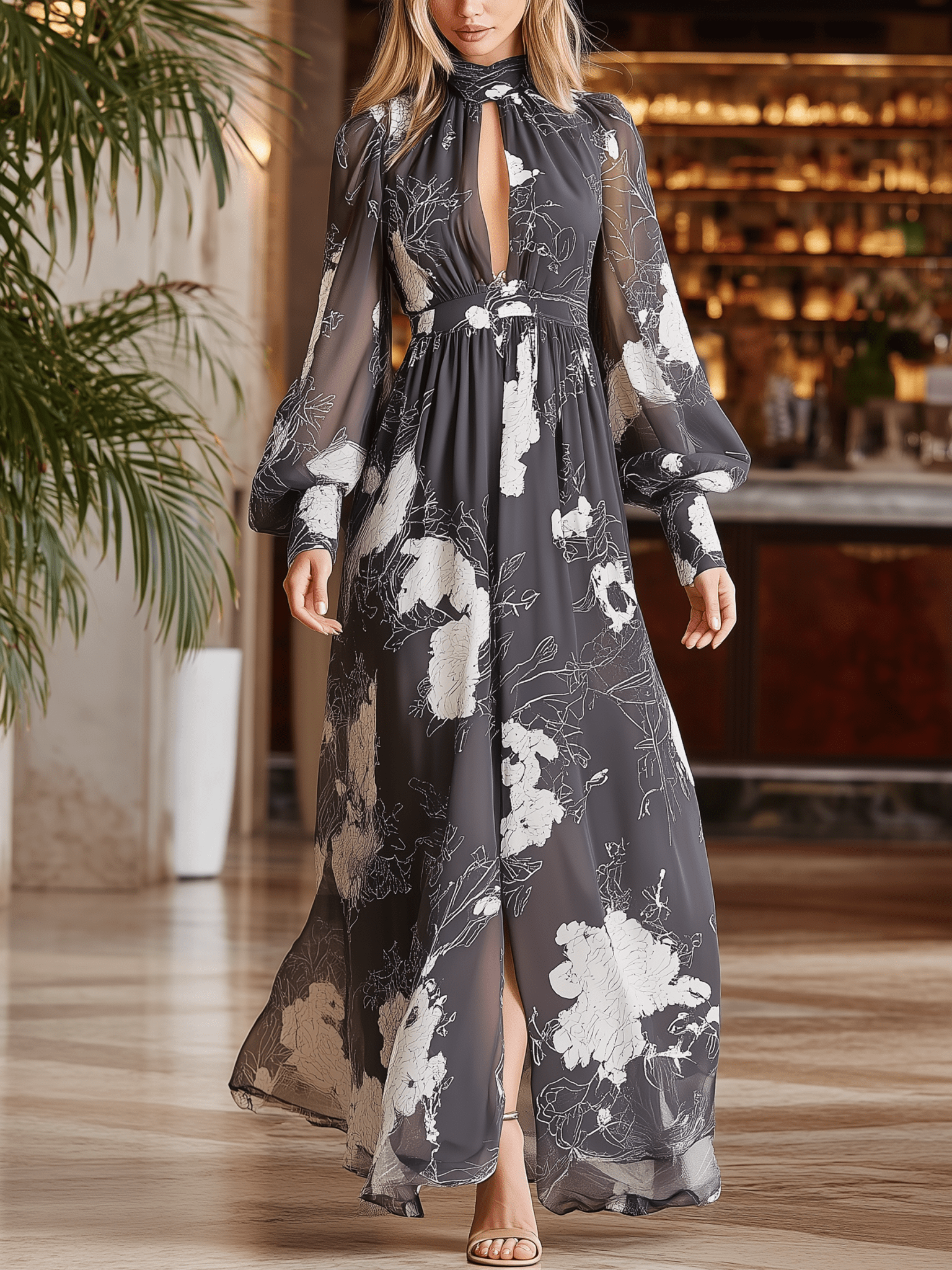 VESTIDO LARGO DE GASA FLORAL EN GRIS Y BLANCO - VALERINA MARBELLA