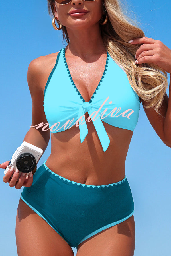 Stylish Color-blocked Trim High-waisted Two-piece Stretch Bikini Swimsuit