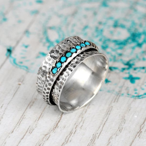 ANILLO ELEGANTE MARTELÉ PLATA PLAQUÉ TURQUESA ANTI-STRESS