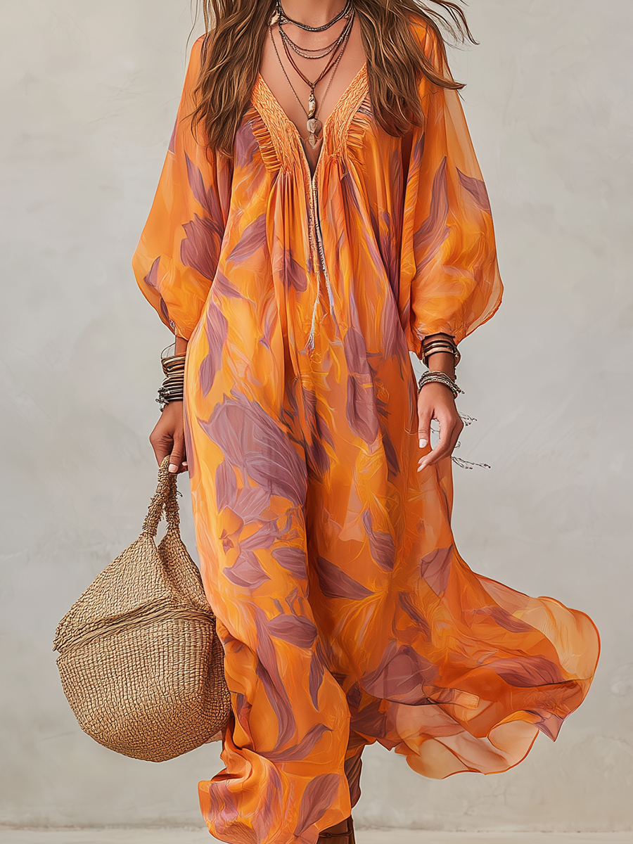 V-neck, Lantern-sleeved, Flowing Resort Dress